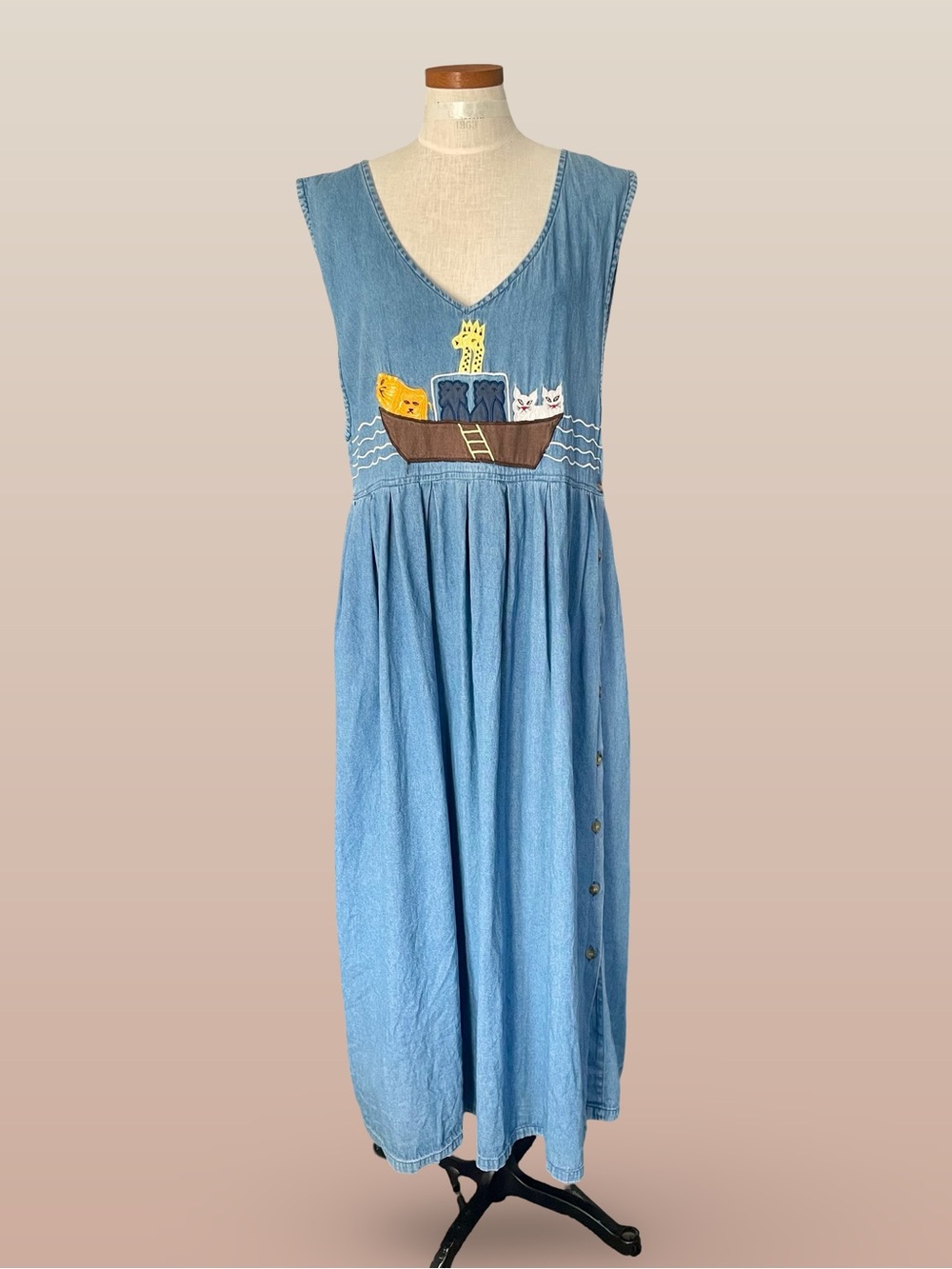 90s Natural Impressions Noahs Ark Cotton Denim Jumper Dress Embroidered Maxi SzL